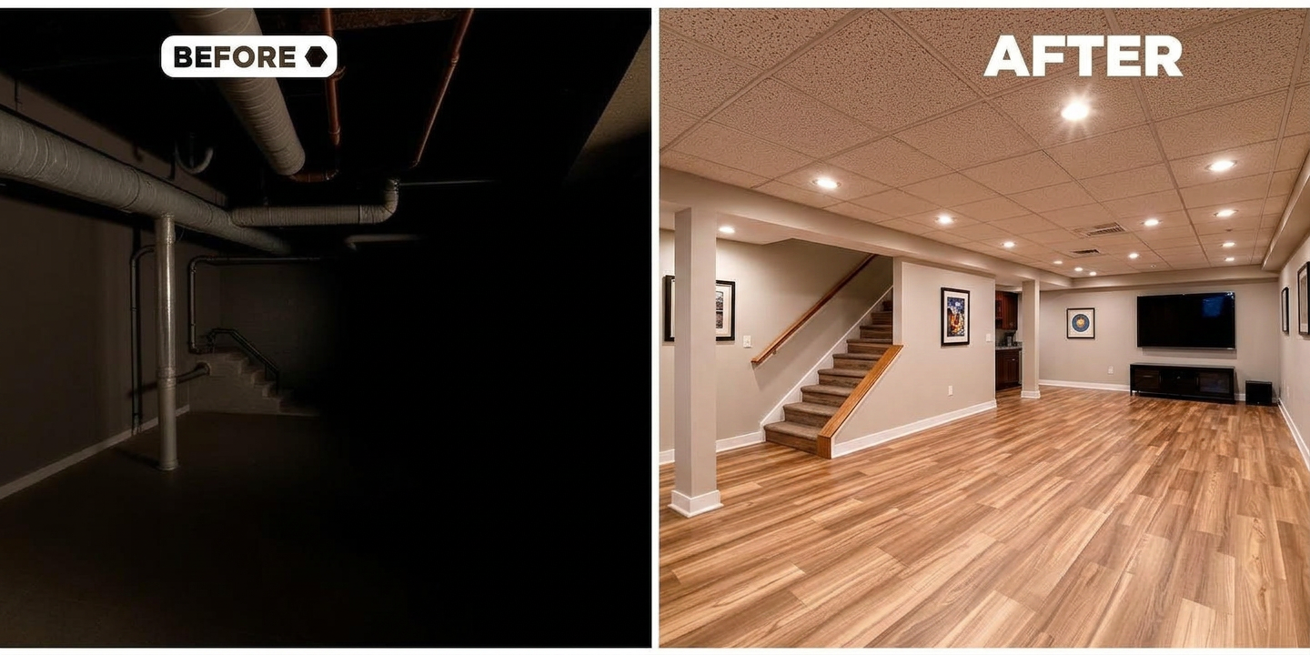 Basement Finishing — before and after